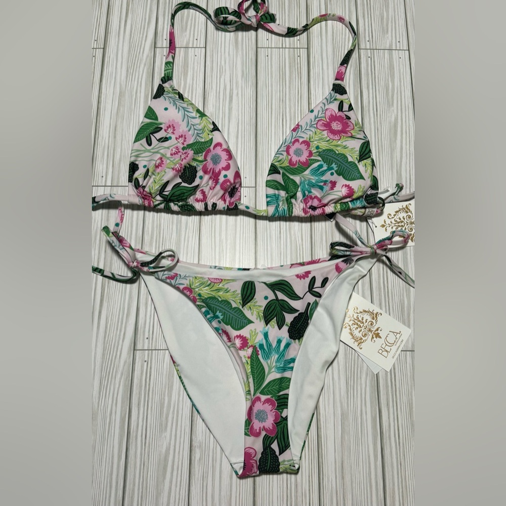 Becca Rebecca Swim Set Triangle Bikini Top-3-way String Bottoms D Cup Garden
